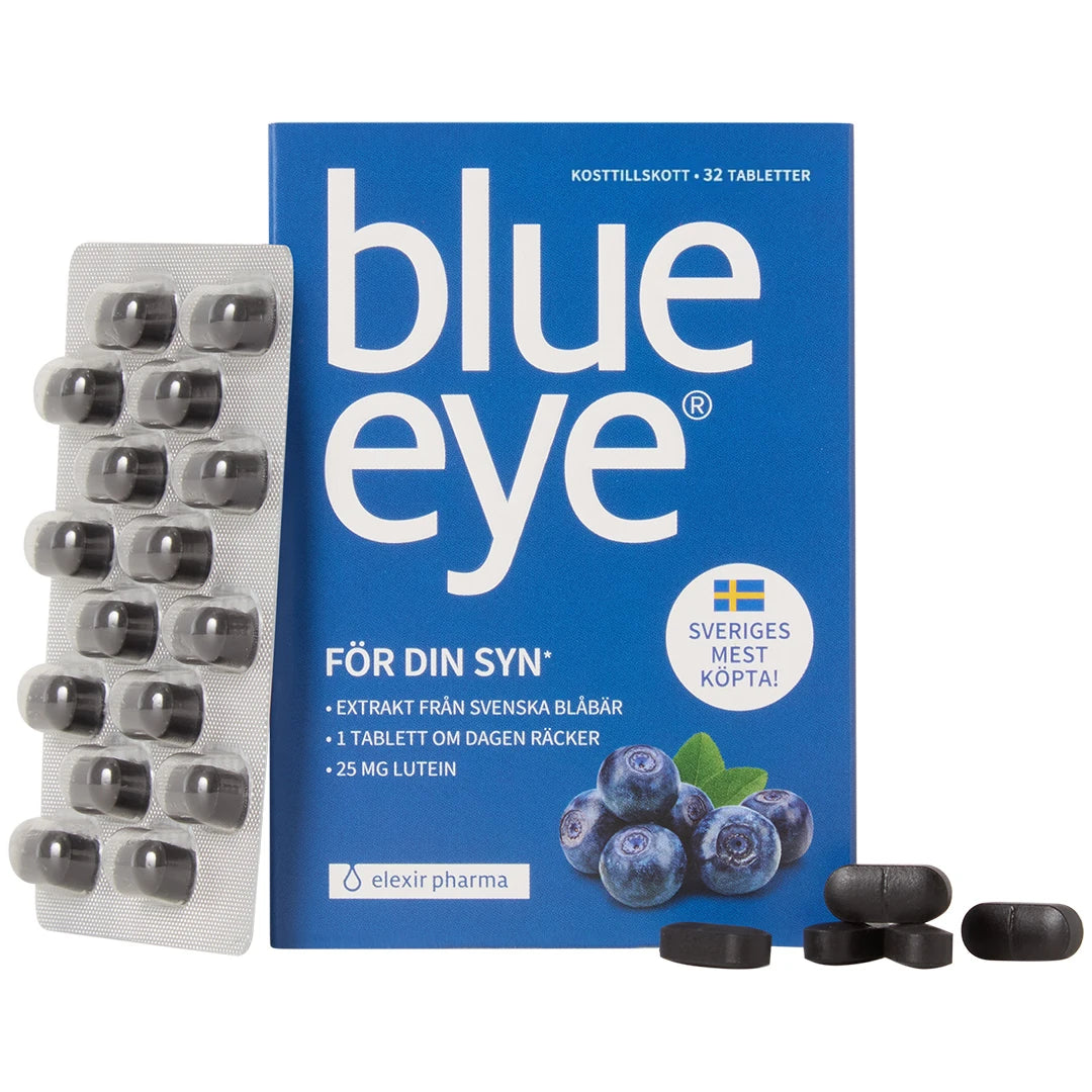 Elexir Pharma Blue Eye 32 tabs -ravintolisä sinisessä rasiassa tummilla tableteilla ja läpipainopakkauksella silmien hyvinvointiin.
