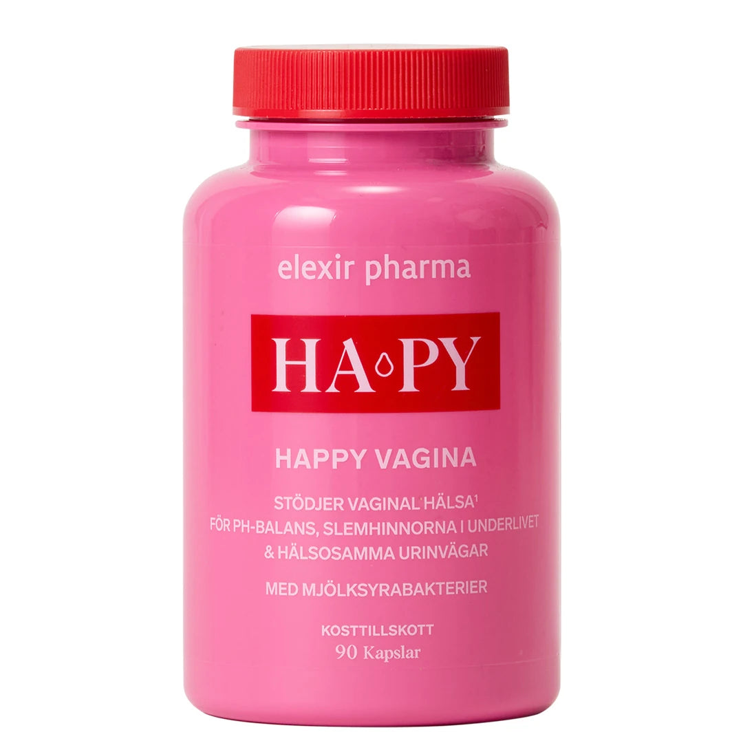 Elexir Pharma HA-PY 90 caps -ravintolisä intiimialueen terveydelle vaaleanpunaisessa, punakantisessa purkissa.