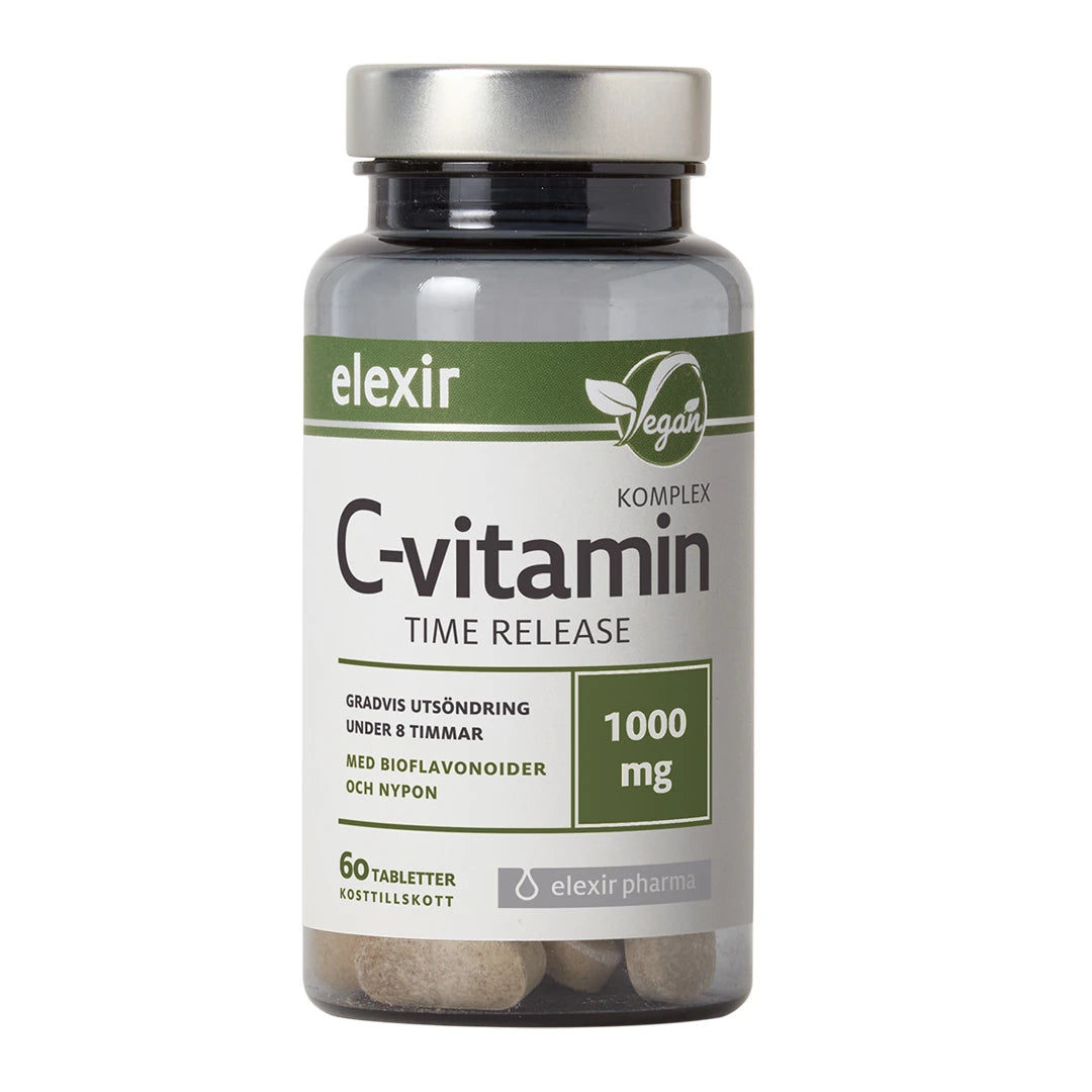 Elexir Pharma C-Vitamin Komplex Time Release 60 tabs läpinäkyvässä purkissa, jossa valkoinen etiketti ja hopeakansi.