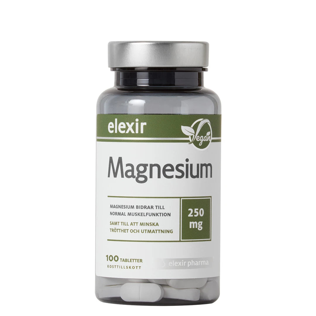 Elexir Pharma Magnesium 250 mg 100 tabs tummassa muovipurkissa, jossa on hopeinen kansi ja valkovihreä etiketti.