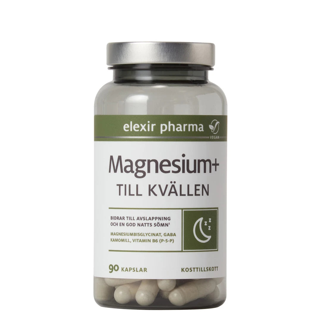 Elexir Pharma Magnesium+ Till kvällen 90 caps läpinäkyvässä purkissa, jossa on vihreävalkoinen etiketti ja hopeakansi.