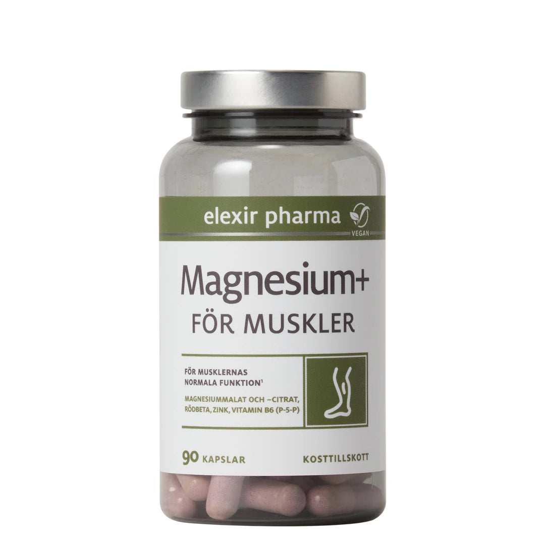 Elexir Pharma Magnesium+ Lihaksille 90 kapselia läpinäkyvässä muovipurkissa hopeisella kannella.
