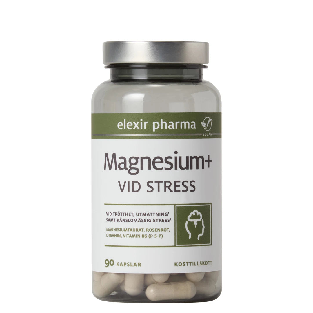 Elexir Pharma Magnesium+ Vid stress 90 caps läpinäkyvässä purkissa vihreävalkoisella etiketillä ja hopeisella kannella.