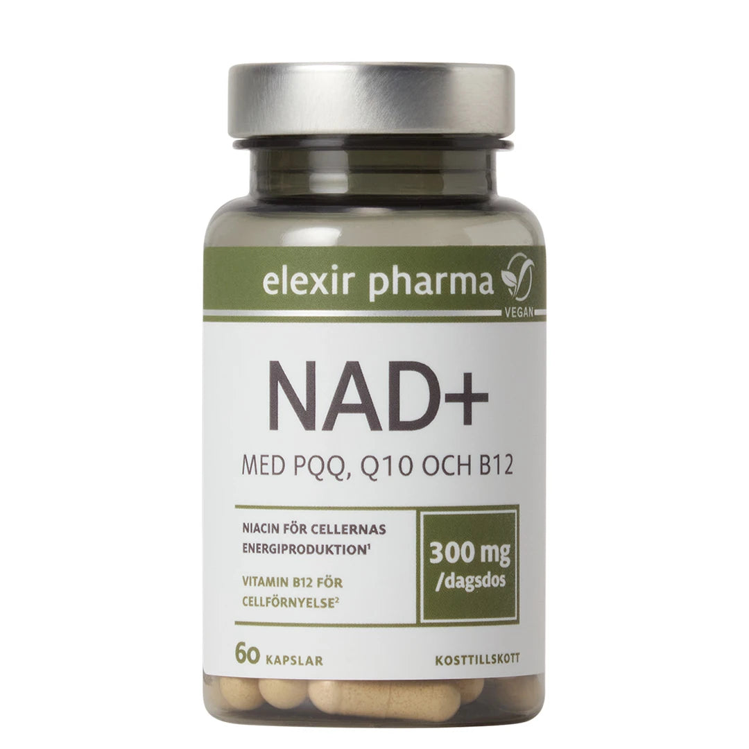 Elexir Pharma NAD+ 60 caps läpinäkyvässä purkissa, jossa on hopeakansi, valkoinen etiketti ja vihreitä yksityiskohtia.