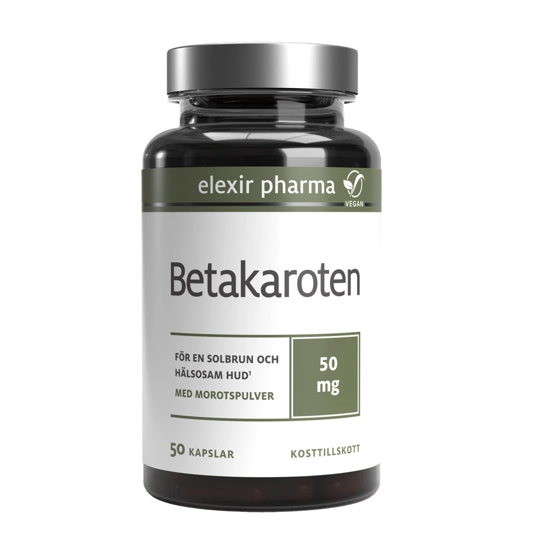 Elexir Pharma Betakaroten 50 mg 50 caps -ravintolisä tummassa, hopeakantisessa purkissa valko-vihreällä etiketillä.