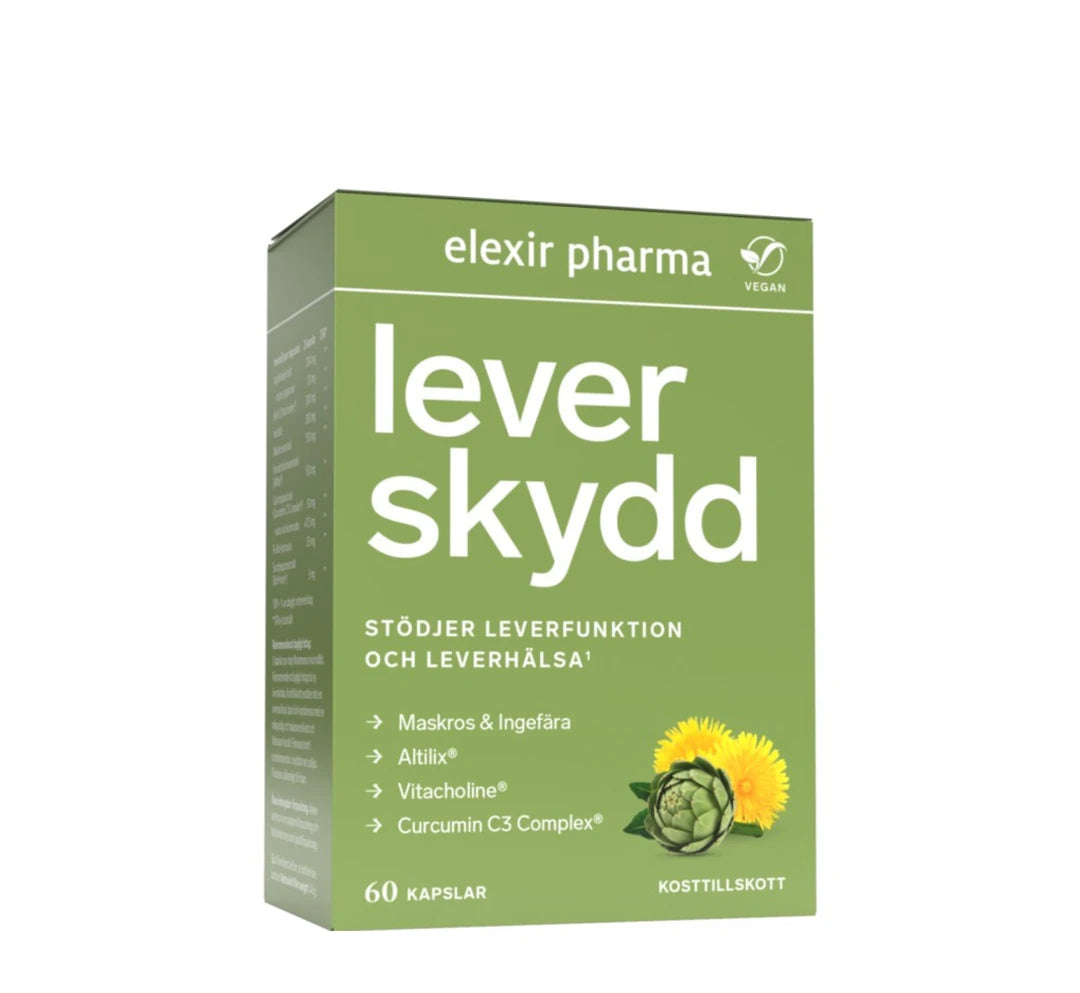 Elexir Pharma Leverskydd 60 caps vihreässä pahvirasiassa, jossa on voikukan ja latva-artisokan kuvitus.