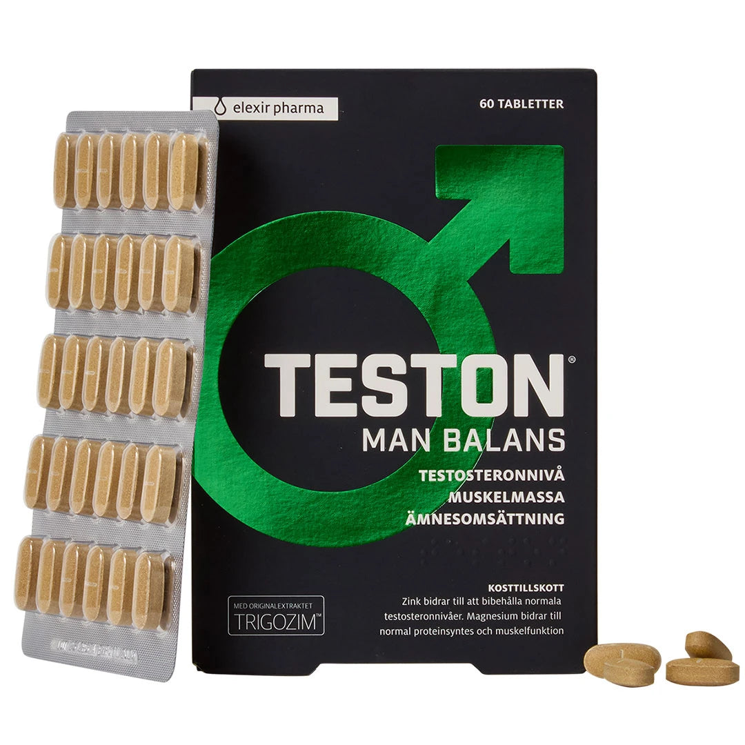 Elexir Pharma Teston Man Balans 60 tabs mustassa rasiassa vihreillä yksityiskohdilla sekä beiget tabletit liuskassa.