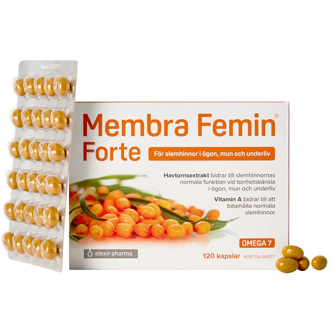 Elexir Pharma Membra Femin Forte 120 caps -ravintolisä valkoisessa rasiassa oransseilla yksityiskohdilla ja läpipainopakkauksilla.