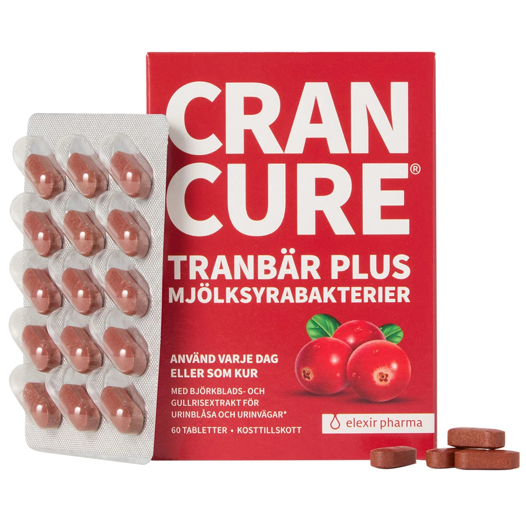 Elexir Pharma Cran Cure 60 tabs -ravintolisä punaisessa rasiassa ja läpipainopakkaus ruskeita tabletteja.