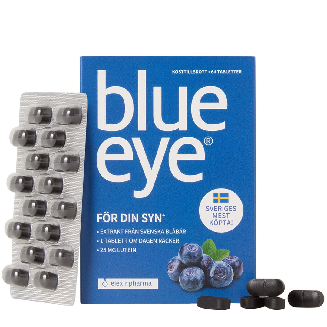 Elexir Pharma Blue Eye 64 tabs, ravintolisä sinisessä rasiassa tummia tabletteja sisältävän läpipainopakkauksen ja mustikoiden vieressä.