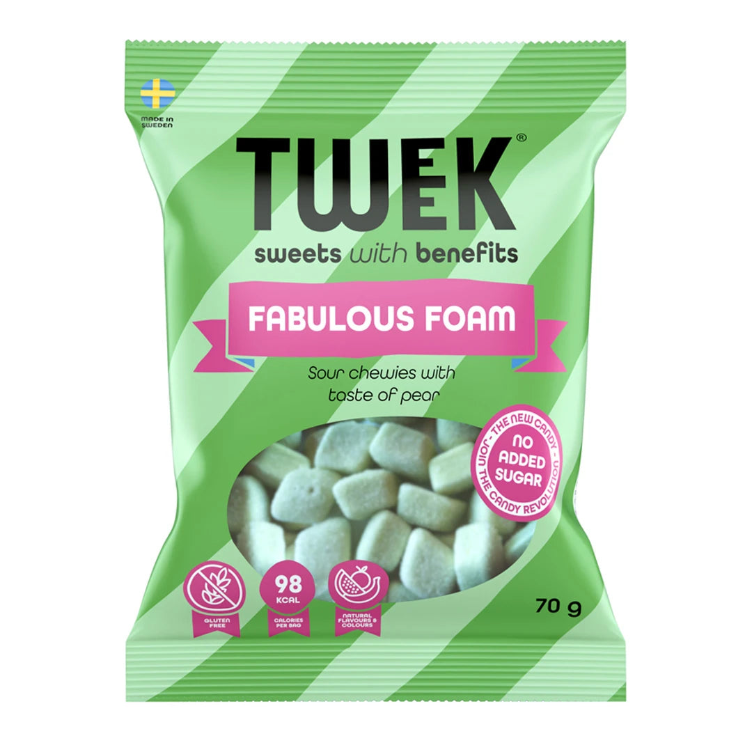 Tweek Sweets 70 g -vaahtomakeisia vihreäraidallisessa pussissa vaaleanpunaisella tekstillä, makuna Fabulous Foam.