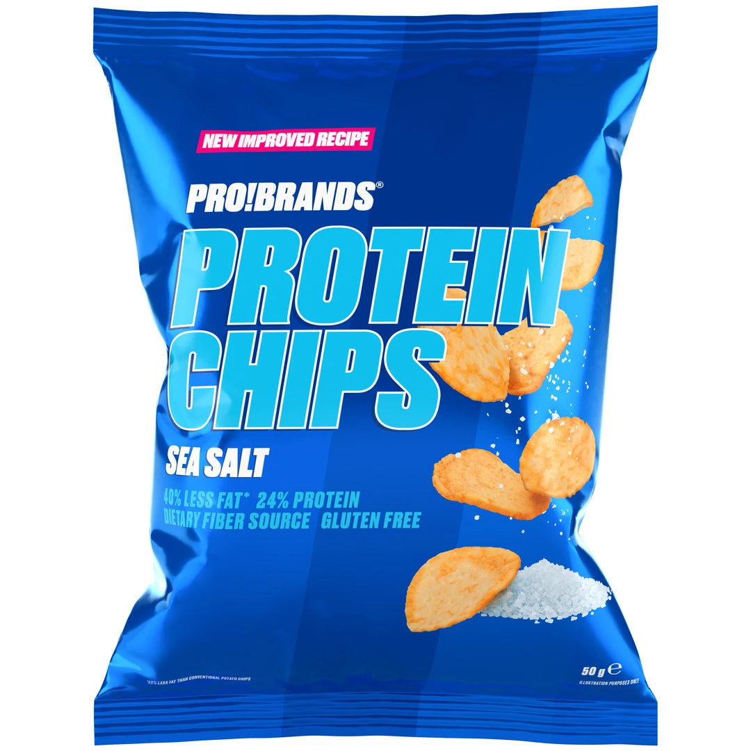 Pro Brands Protein Chips 50 g, proteiinilla rikastetut sipsit sinisessä pussissa makuna Sea Salt.