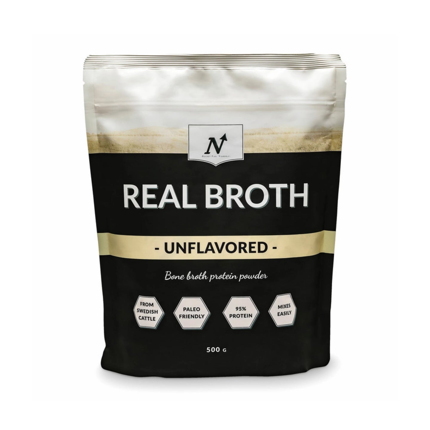 Nyttoteket Real Broth 500 g -luuliemijauhe mustavalkoisessa pussissa, makuna Unflavoured., kuva 1/2