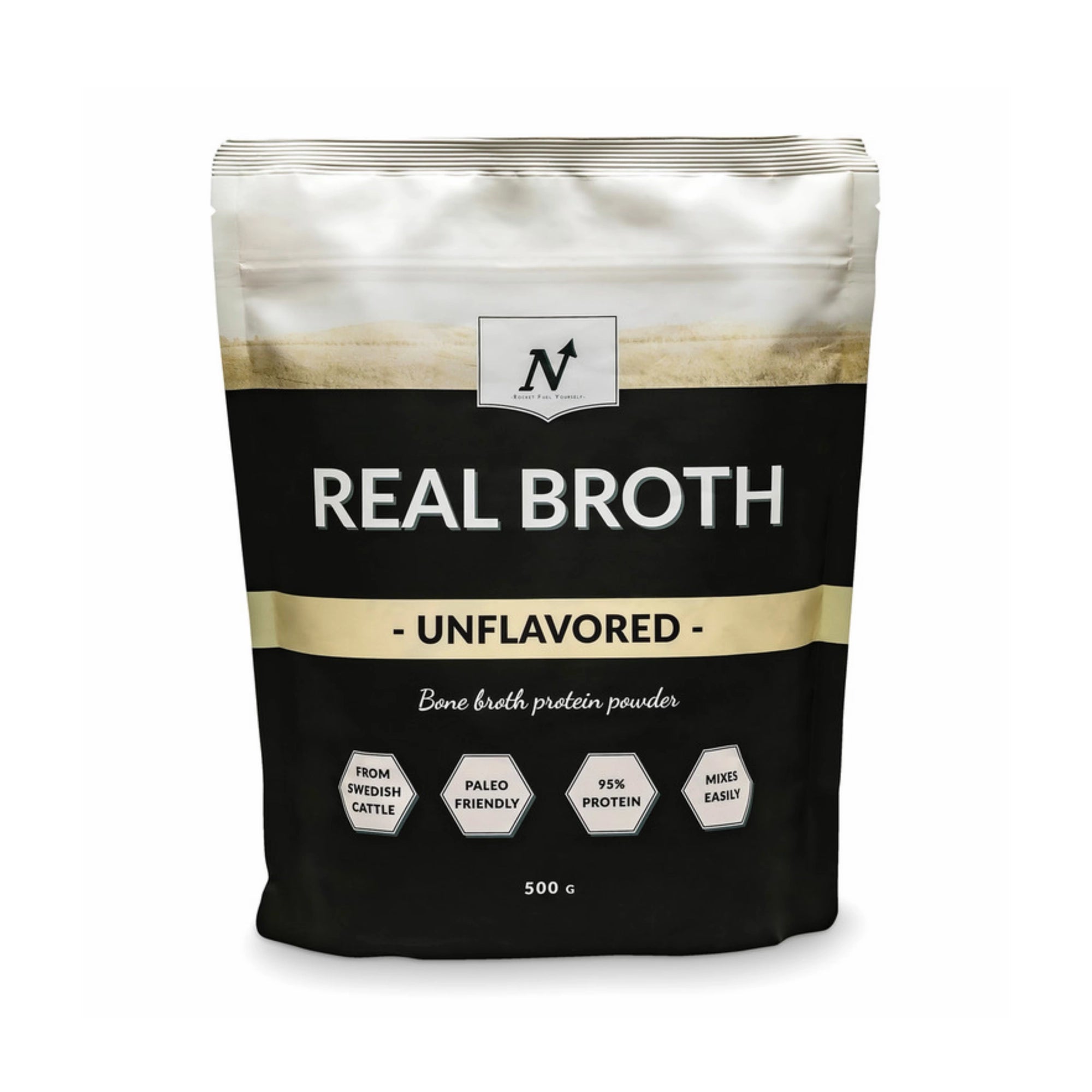 Nyttoteket Real Broth 500 g -luuliemijauhe mustavalkoisessa pussissa, makuna Unflavoured., kuva 1/2