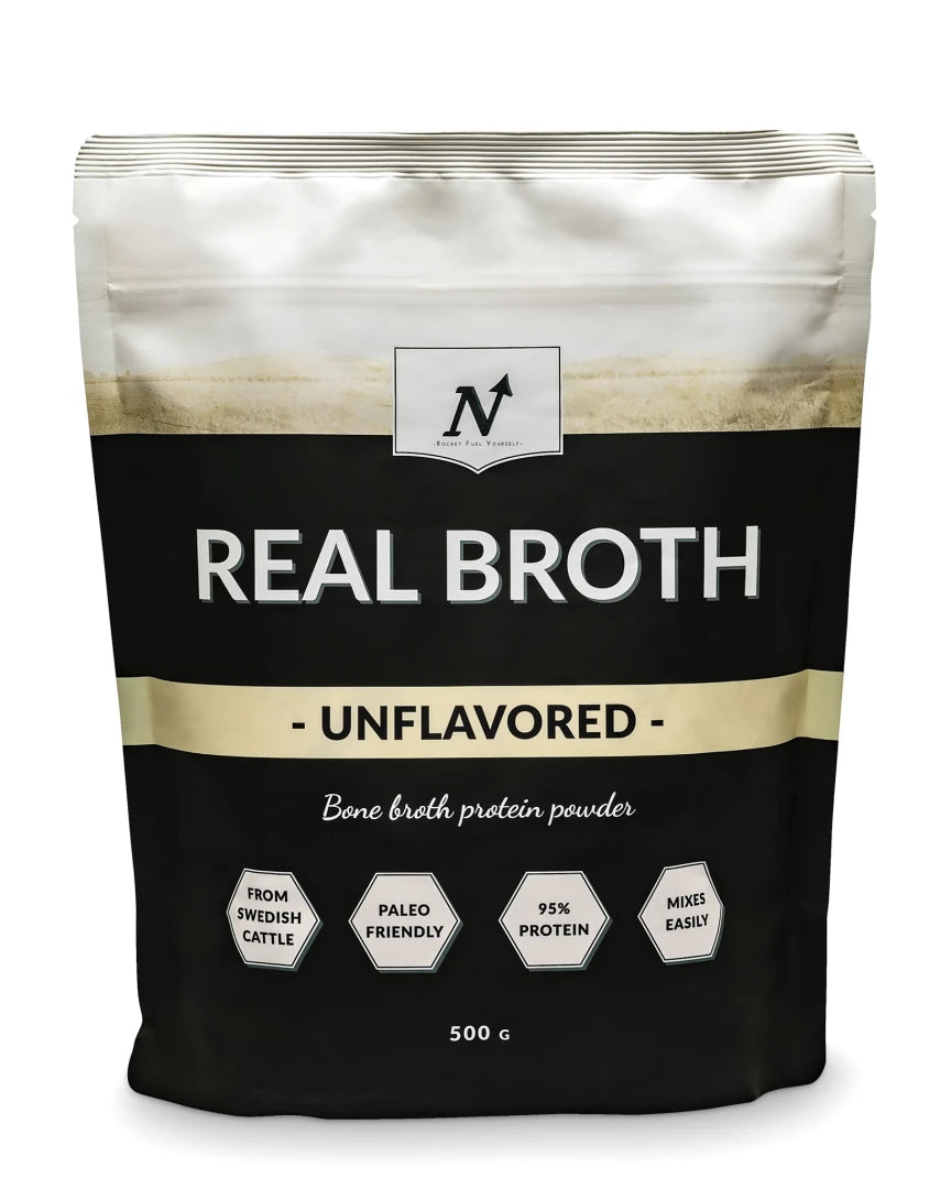 Nyttoteket Real Broth 500 g -luuliemijauhe mustavalkoisessa pussissa, makuna Unflavored.