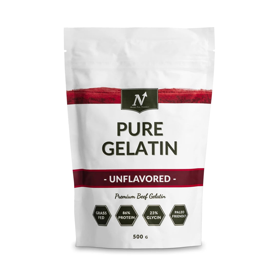 Nyttoteket Pure Gelatin 500 g -gelatiinijauhe valkoisessa pussissa punaisilla yksityiskohdilla.