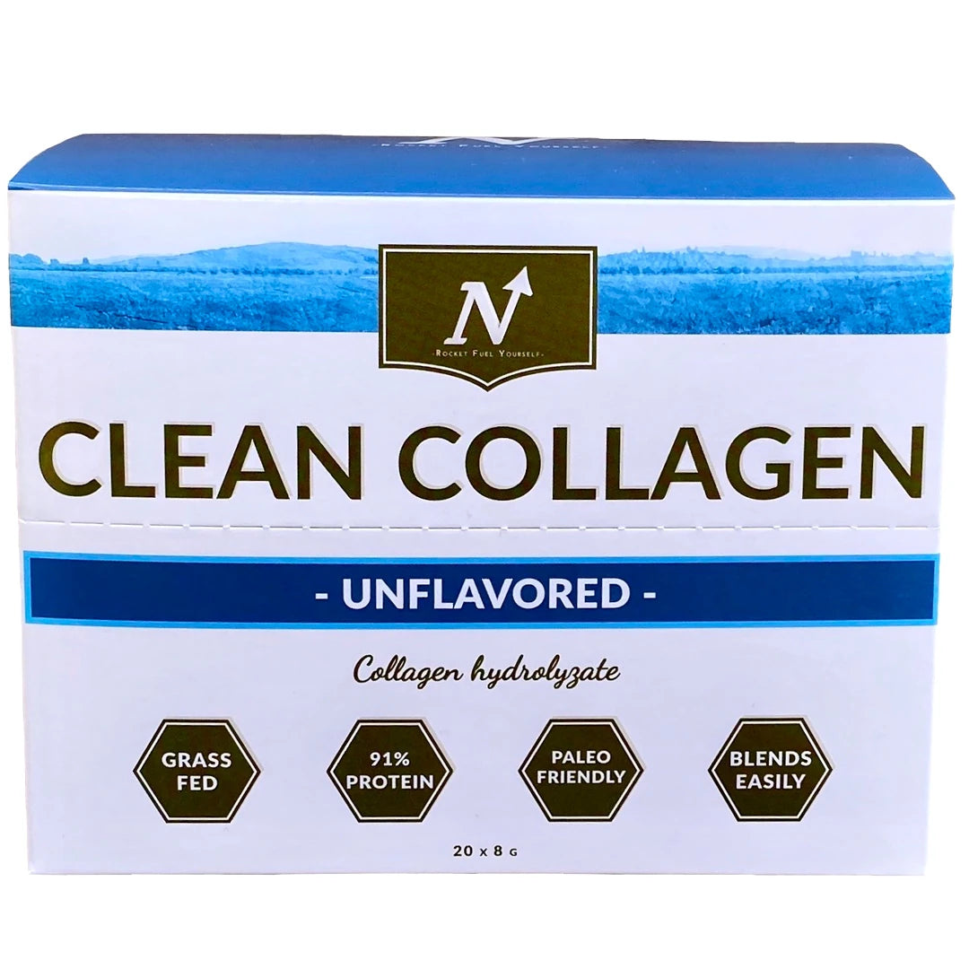 Nyttoteket Clean Collagen - Stickpack 20 x 8 g, maustamaton kollageenijauhe valkoisessa rasiassa sinisillä yksityiskohdilla.