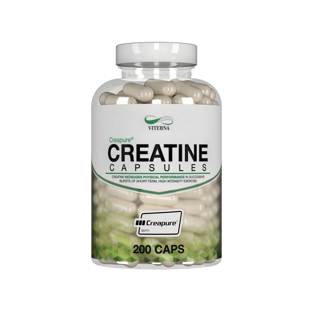 Viterna Creapure® Kreatin 200 caps läpinäkyvässä purkissa, jossa on valkoinen etiketti ja vihreitä yksityiskohtia.