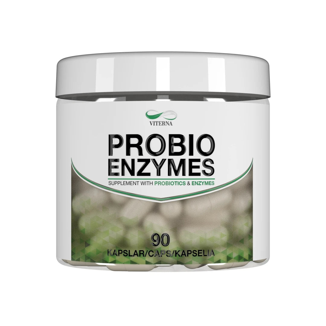 Viterna Probio Enzymes 90 caps pakattuna valkoiseen purkkiin, jossa on tyylikkäitä vihreitä yksityiskohtia ja näkyviä kapseleita etiketissä.