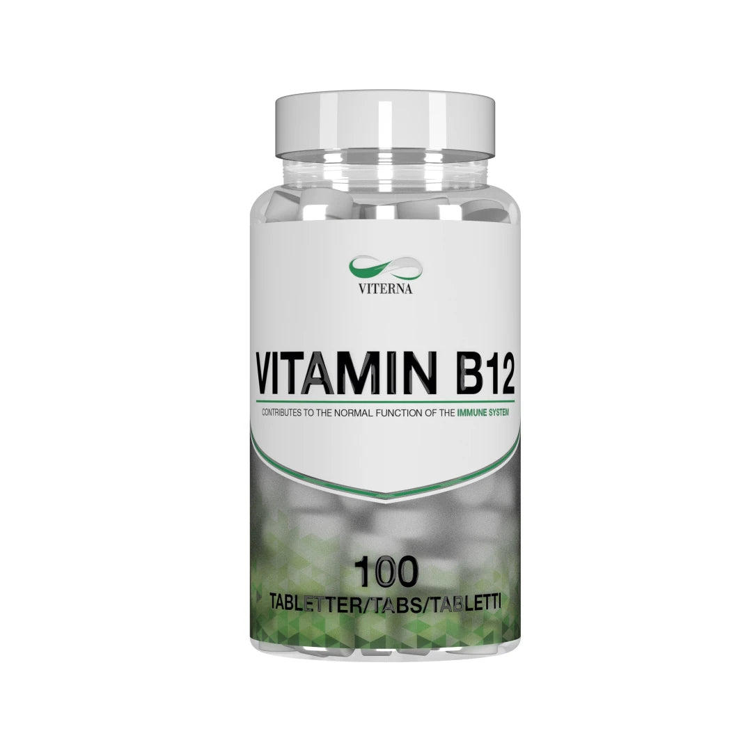Viterna Vitamin B12 100 tabs läpinäkyvässä purkissa, jossa on valkoinen etiketti ja vihreitä yksityiskohtia.
