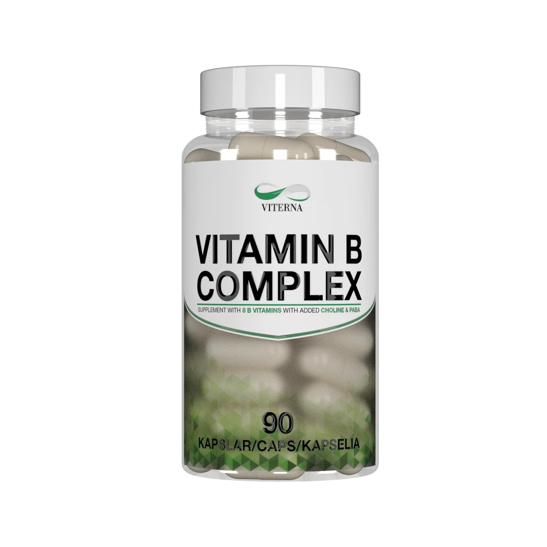 Viterna Vitamin-B Complex 90 caps läpinäkyvässä muovipurkissa, jonka etiketissä on valkoisia ja vihreitä yksityiskohtia.