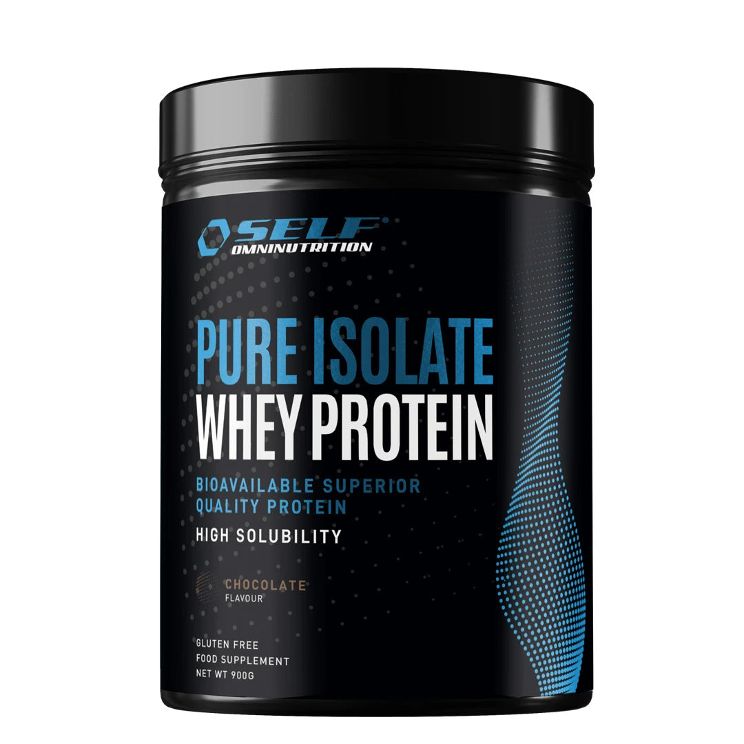 Self Omninutrition Pure Isolate Whey Protein 900 g mustassa purkissa sinisillä ja valkoisilla tekstiyksityiskohdilla.