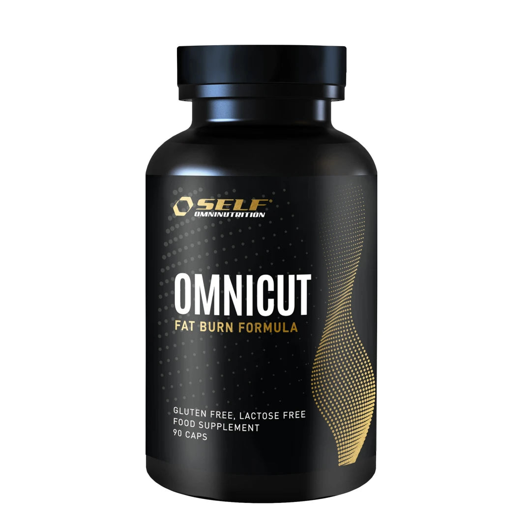 Self Omninutrition Omnicut 90 caps -rasvanpolttaja mustassa purkissa, jossa on kultaisia yksityiskohtia ja valkoista tekstiä.