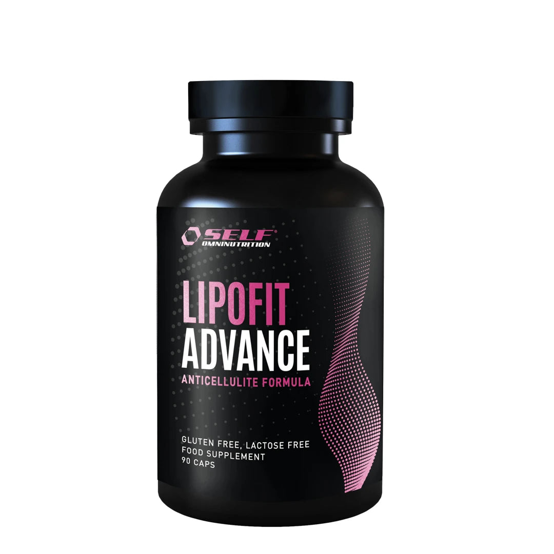 Self Omninutrition Lipo Fit Advance 90 caps -rasvanpolttaja mustassa purkissa pinkeillä yksityiskohdilla.