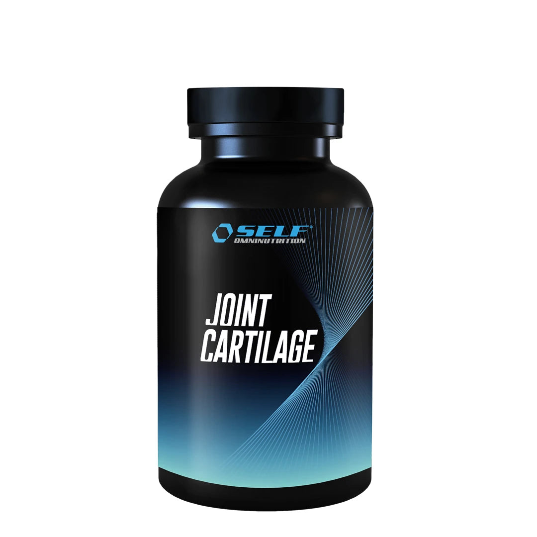 Self Omninutrition Joint Cartilage 120 caps -ravintolisä mustassa purkissa sinisillä yksityiskohdilla.