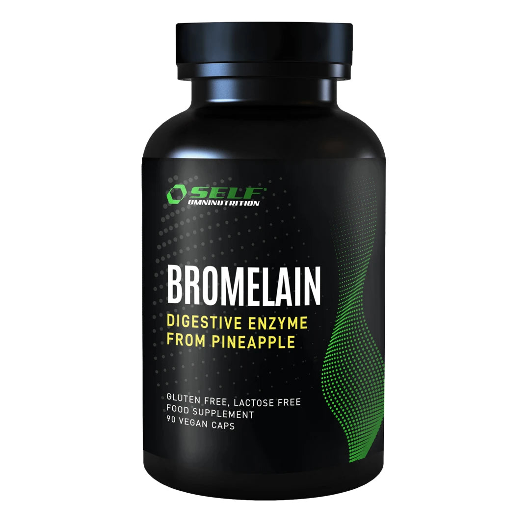 Self Omninutrition Bromelain 90 caps -ravintolisä mustassa purkissa, jossa on vihreää ja valkoista tekstiä.