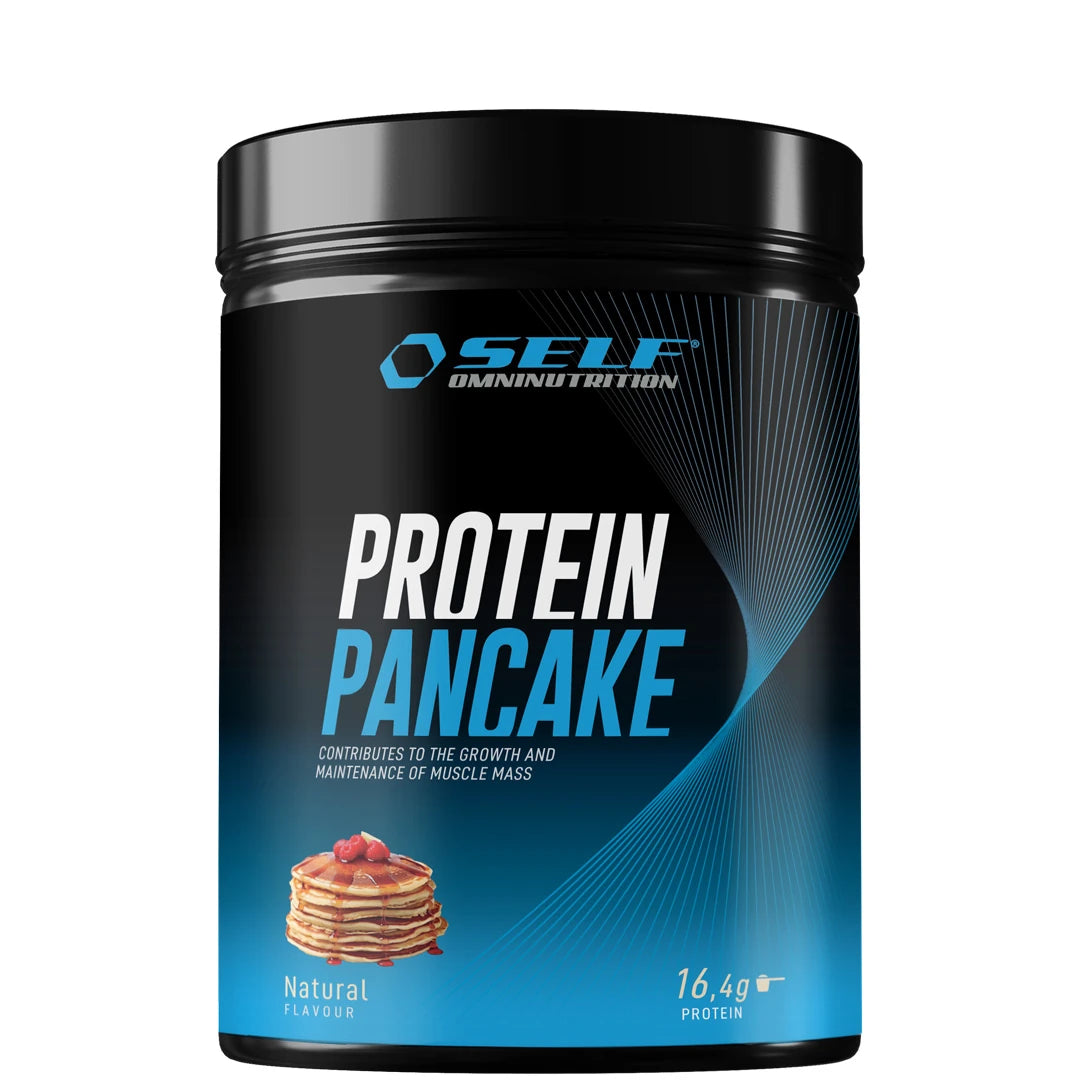 Self Omninutrition Protein Pancake 320 g -jauhe mustassa purkissa sinisillä yksityiskohdilla, makuna maustamaton.