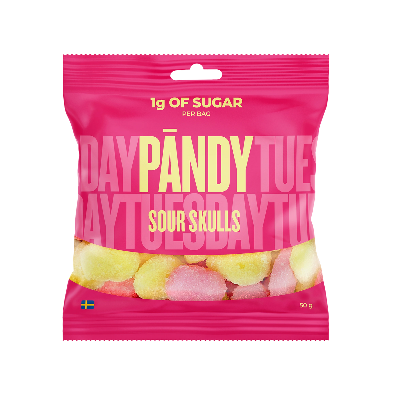 Pändy Candy 50 g Sour Skulls vaaleanpunaisessa pussissa, täynnä keltaisia ja vaaleanpunaisia happamia vaahtokarkkeja.