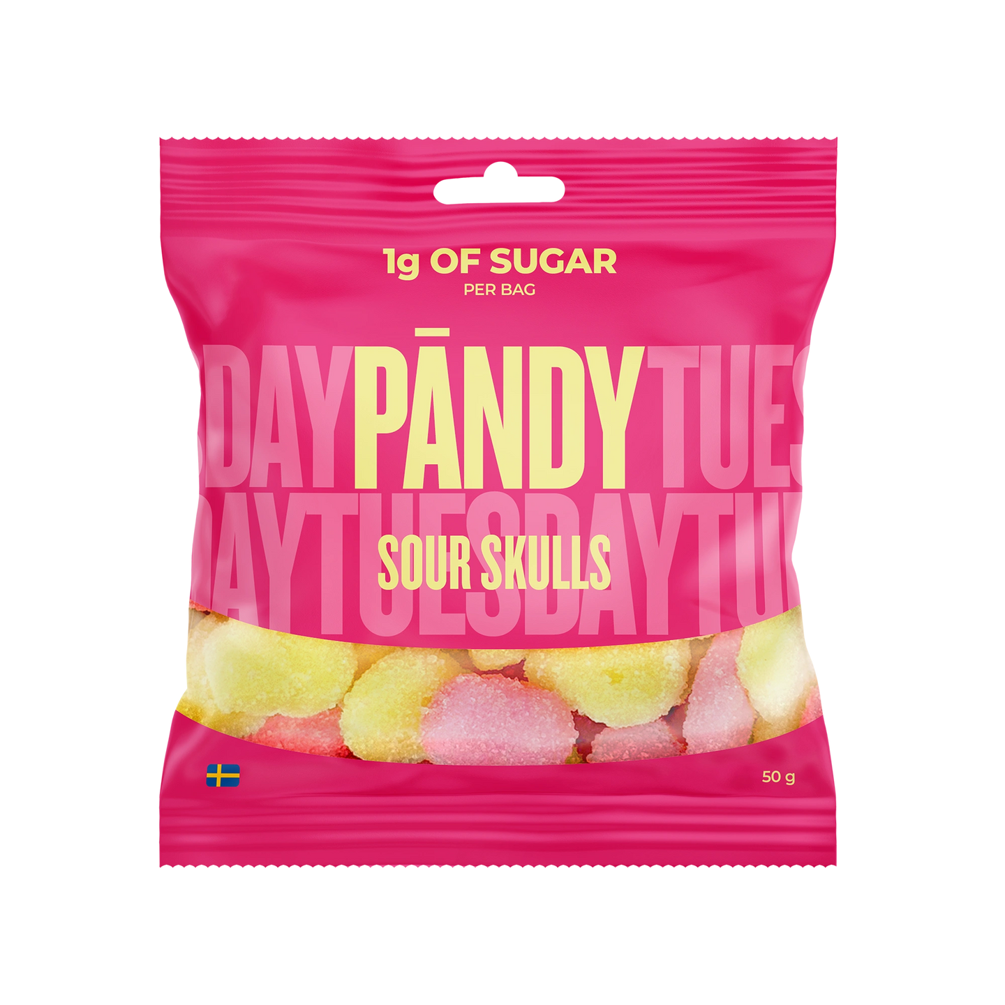 Pändy Candy 50 g Sour Skulls vaaleanpunaisessa pussissa, täynnä keltaisia ja vaaleanpunaisia happamia vaahtokarkkeja., kuva 1/1