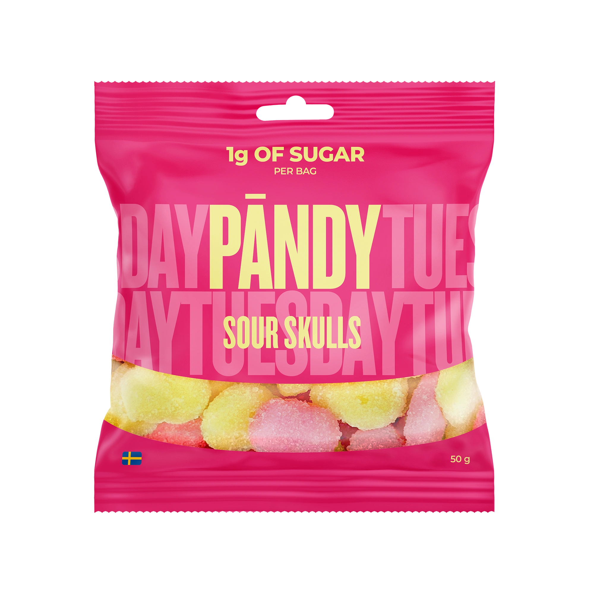 Pändy Candy 50 g Sour Skulls vaaleanpunaisessa pussissa, täynnä keltaisia ja vaaleanpunaisia happamia vaahtokarkkeja., kuva 1/1