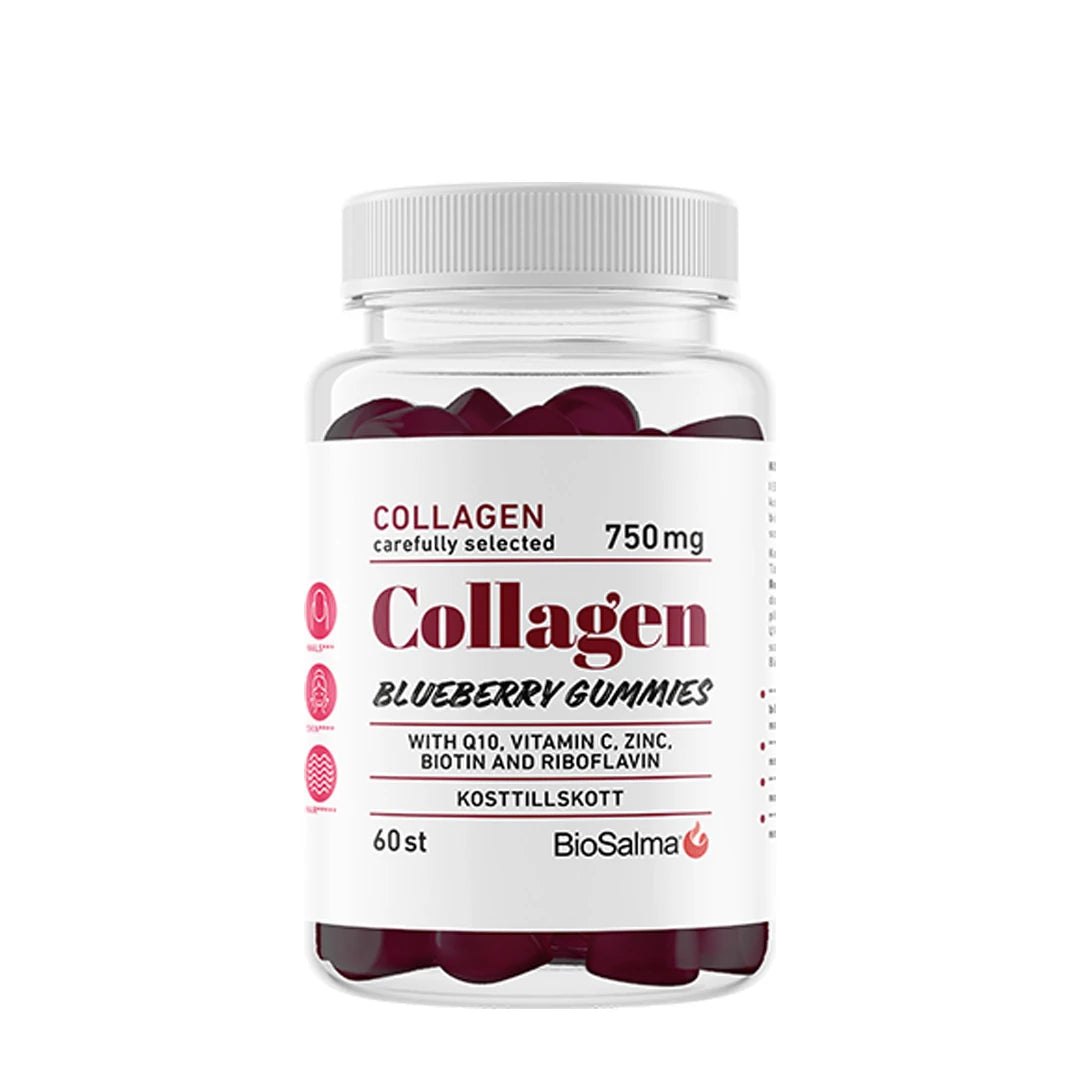 BioSalma Collagen Gummies 60 pcs läpinäkyvässä purkissa, täynnä tummanvioletteja mustikanmakuisia gummyja.