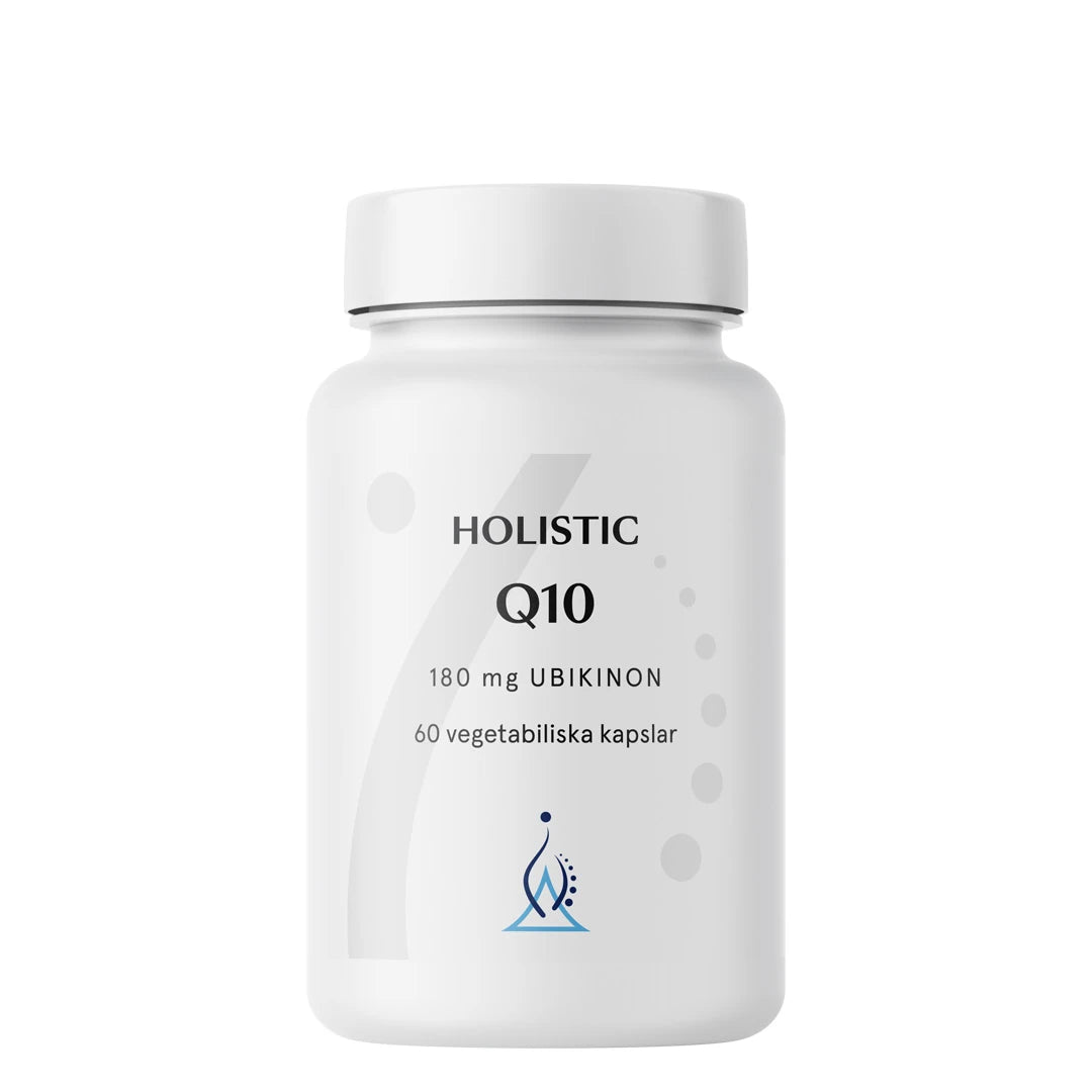 Holistic Q10 180 mg 60 caps -ravintolisä valkoisessa muovipurkissa, jossa on mustia ja sinisiä yksityiskohtia.