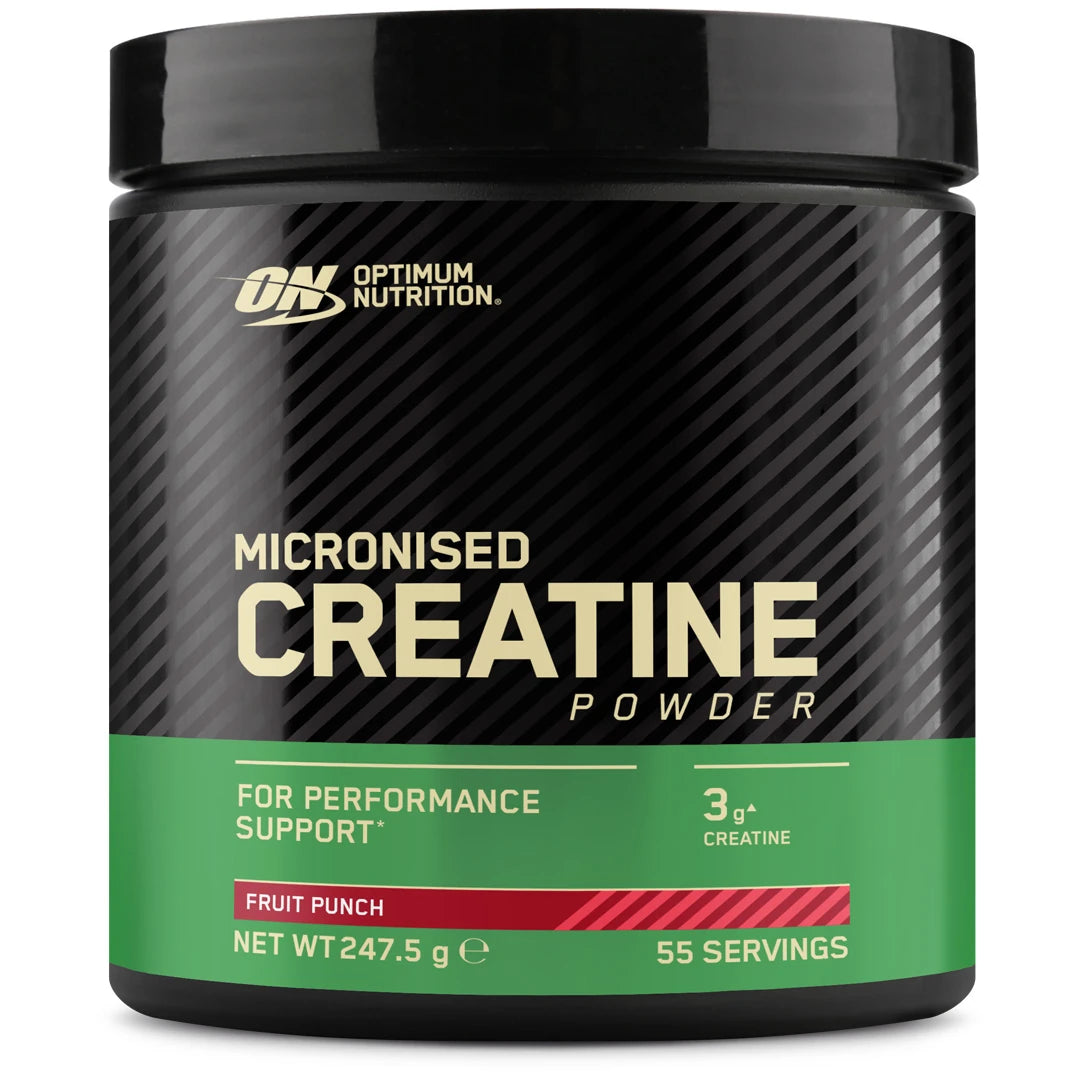 Optimum Nutrition Creatine Powder 247.5 g mustassa purkissa vihreällä etiketillä, makuna Fruit Punch.