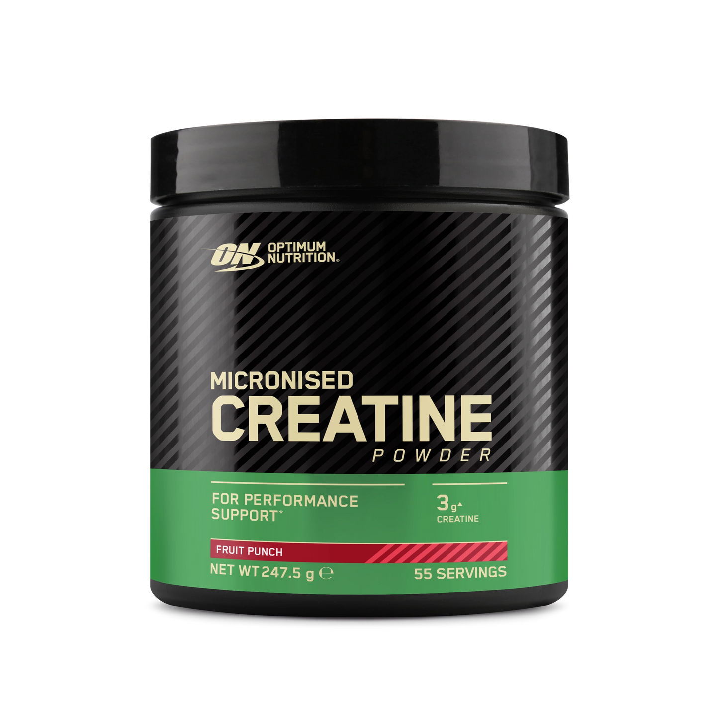 Optimum Nutrition Creatine Powder 247.5 g mustassa purkissa vihreällä etiketillä, makuna Fruit Punch., kuva 1/2