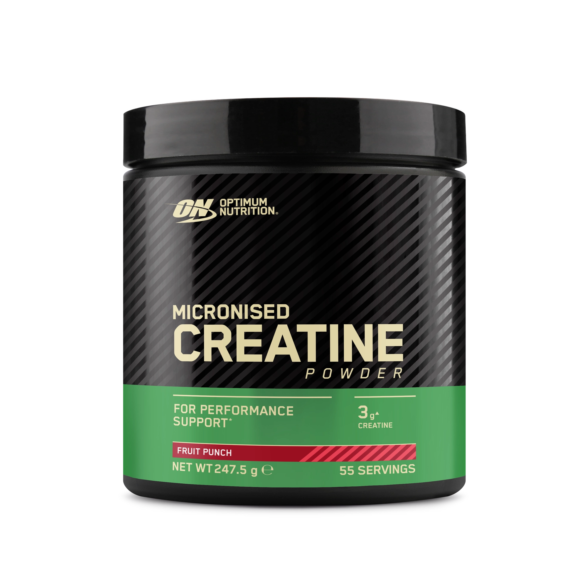 Optimum Nutrition Creatine Powder 247.5 g mustassa purkissa vihreällä etiketillä, makuna Fruit Punch., kuva 1/2