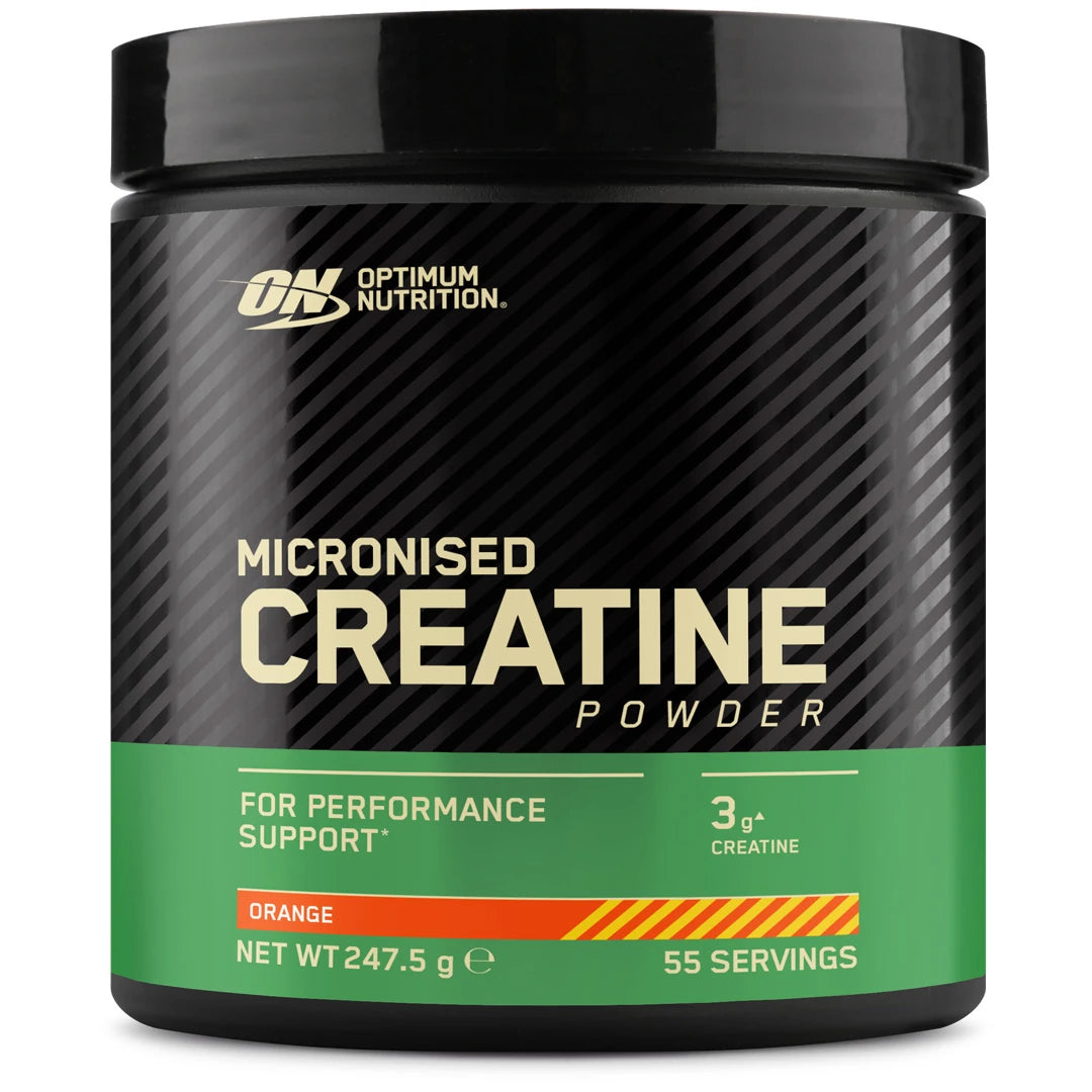 Optimum Nutrition Creatine Powder 247.5 g -kreatiini mustassa purkissa vihreillä yksityiskohdilla, makuna Orange.