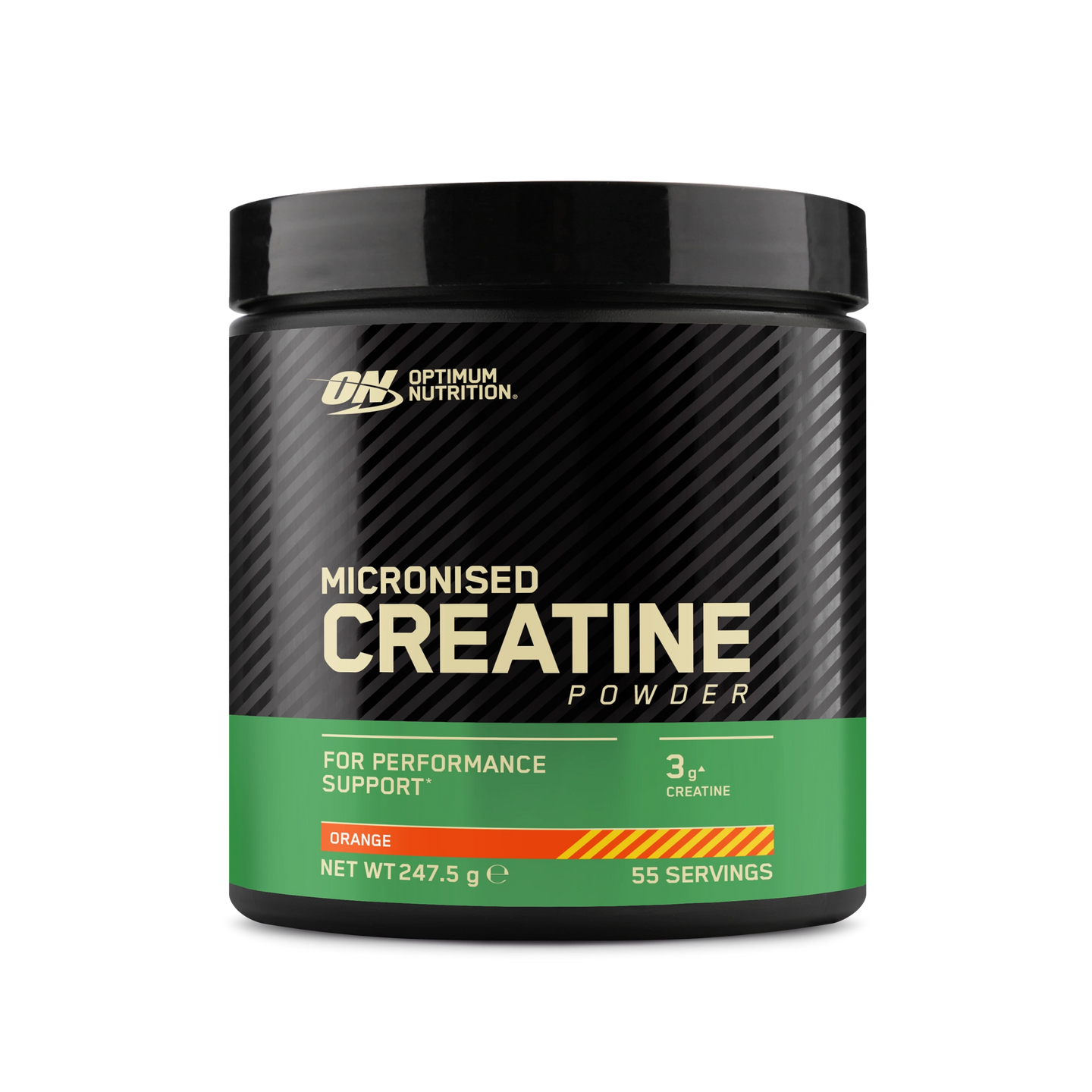 Optimum Nutrition Creatine Powder 247.5 g -kreatiini mustassa purkissa vihreillä yksityiskohdilla, makuna Orange., kuva 2/2