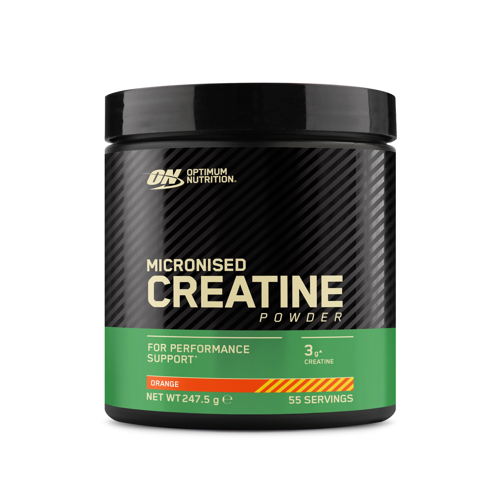 Optimum Nutrition Creatine Powder 247.5 g -kreatiini mustassa purkissa vihreillä yksityiskohdilla, makuna Orange., kuva 2/2