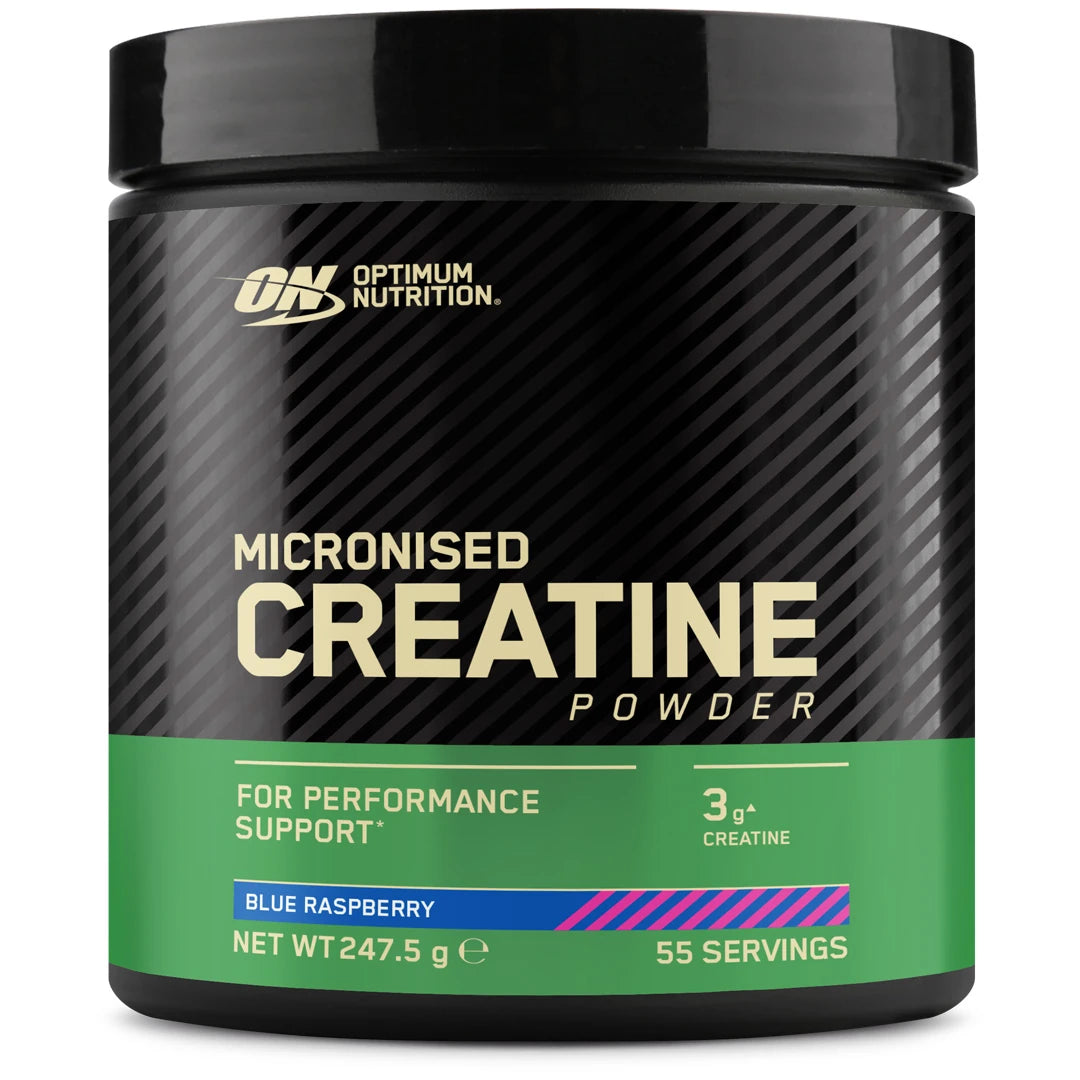 Optimum Nutrition Creatine Powder 247.5 g mustassa purkissa vihreällä etiketillä, makuna Blue Raspberry.