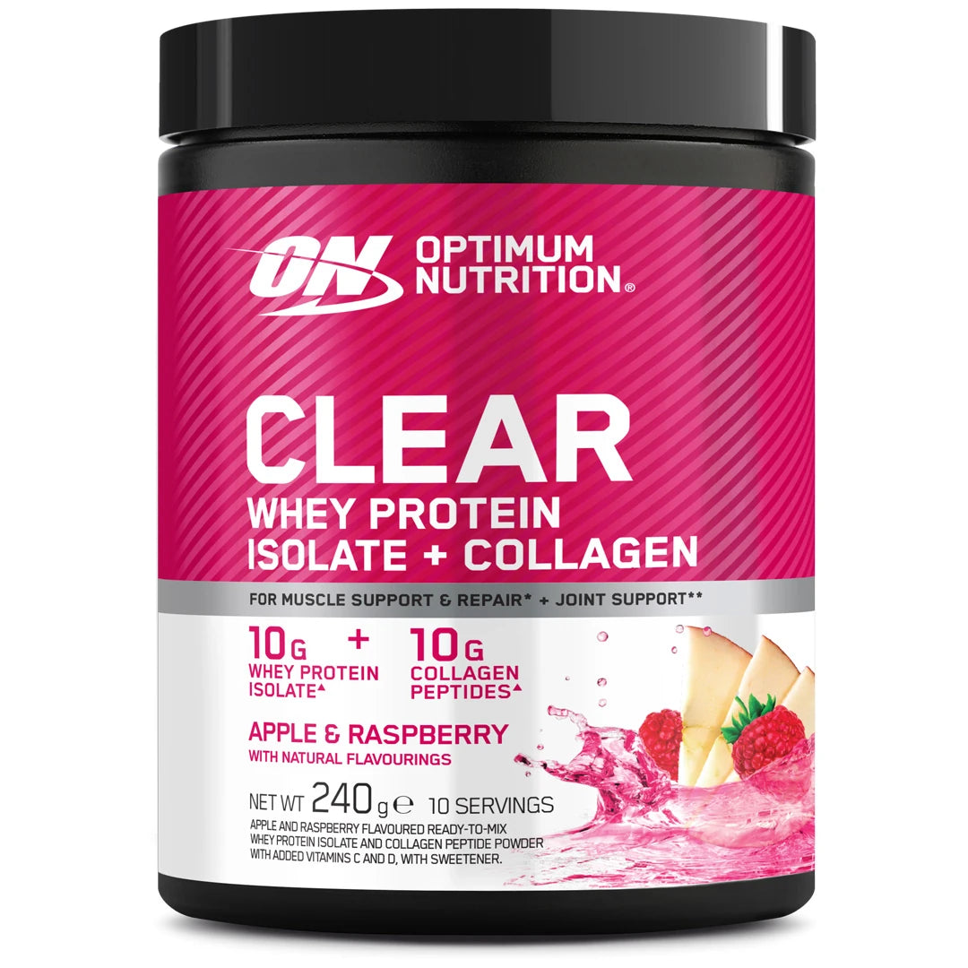 Optimum Nutrition Clear Whey + Collagen 240 g mustassa purkissa pinkillä etiketillä, makuna Apple Raspberry.