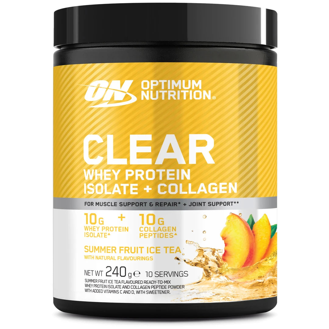 Optimum Nutrition Clear Whey + Collagen 240 g -proteiinijauhe mustakeltaisessa purkissa, makuna Summer Fruit Ice Tea.