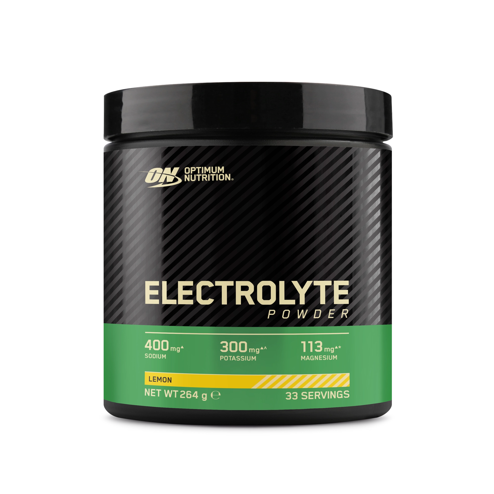 Optimum Nutrition Electrolyte Powder 264 g mustassa purkissa, jossa on vihreä etiketti, makuna Lemon., kuva 1/2