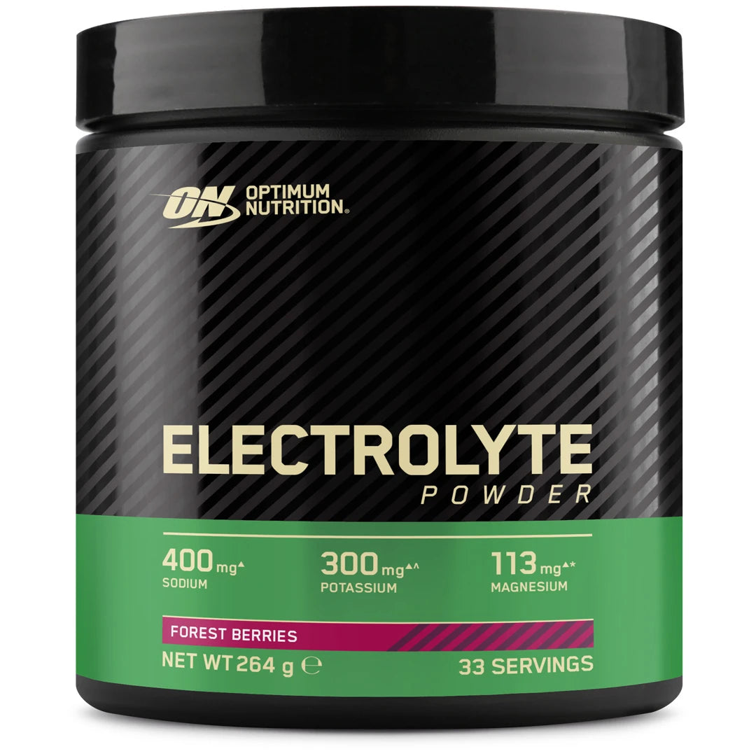 Optimum Nutrition Electrolyte Powder 264 g mustassa purkissa vihreillä yksityiskohdilla, makuna Forest Berries.