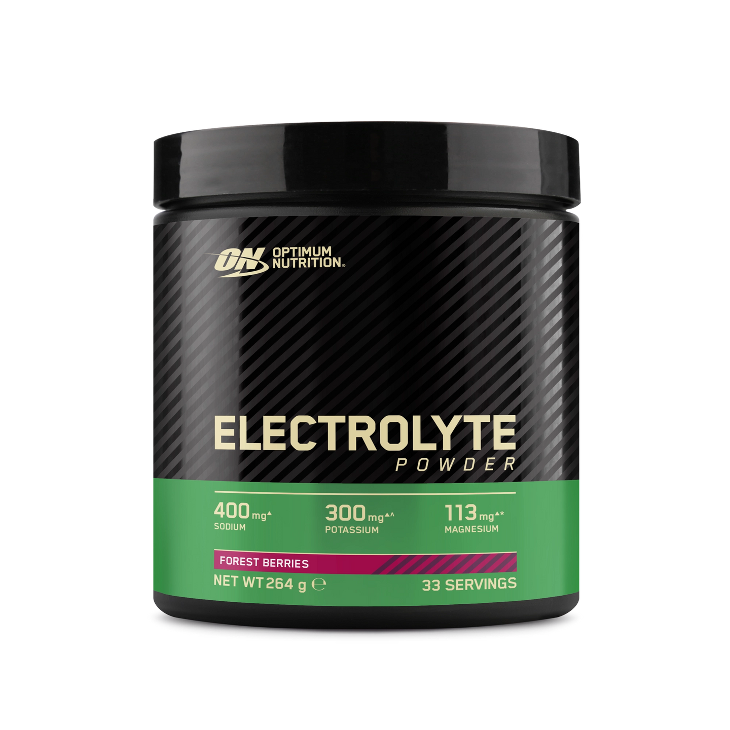 Optimum Nutrition Electrolyte Powder 264 g mustassa purkissa vihreillä yksityiskohdilla, makuna Forest Berries., kuva 2/2