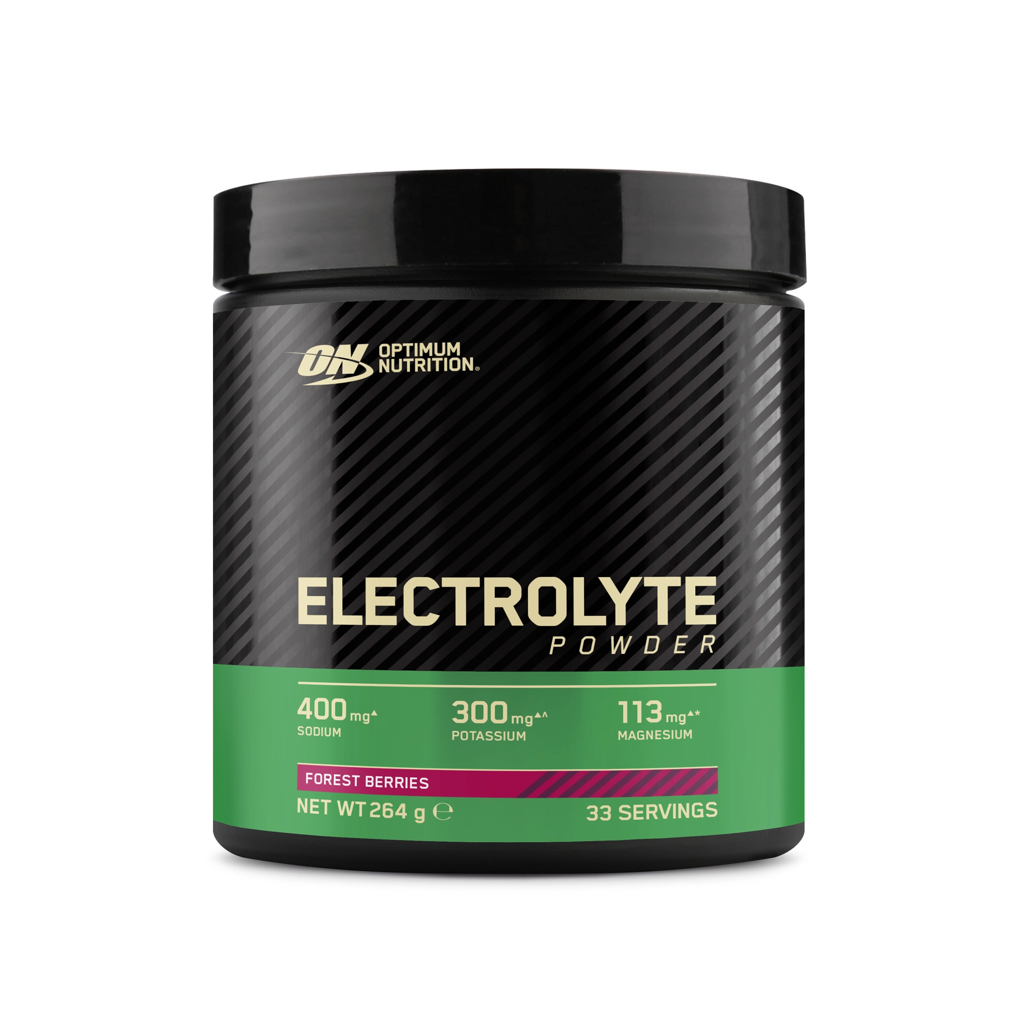 Optimum Nutrition Electrolyte Powder 264 g mustassa purkissa vihreillä yksityiskohdilla, makuna Forest Berries., kuva 2/2