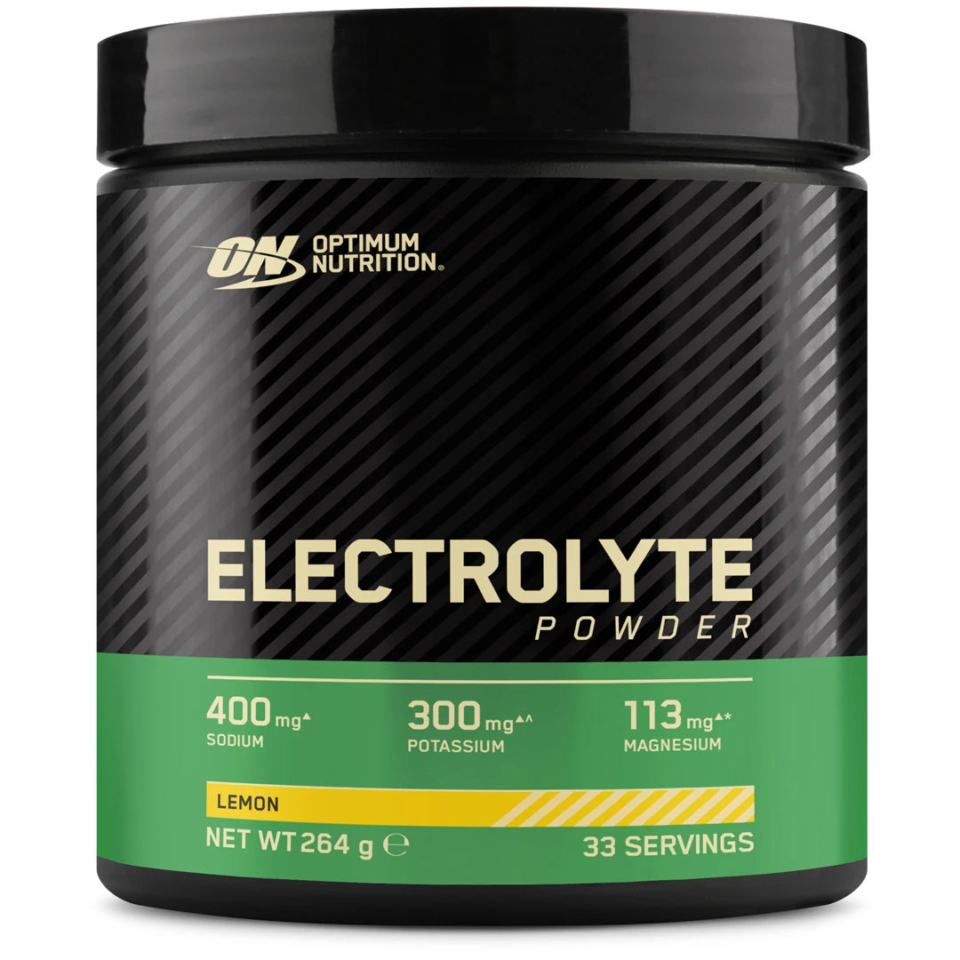 Optimum Nutrition Electrolyte Powder 264 g mustassa purkissa vihreillä yksityiskohdilla, makuna Lemon.